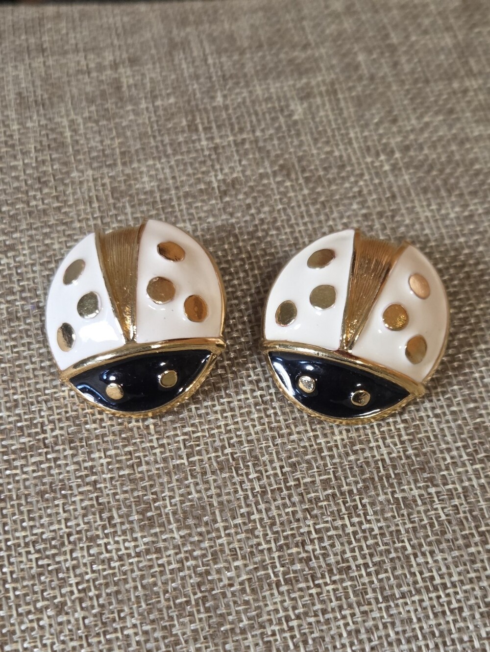 VTG Avon Earrings Ladybug Beetle HUGE Clips Enamel On Metal Navy Gold White 90s